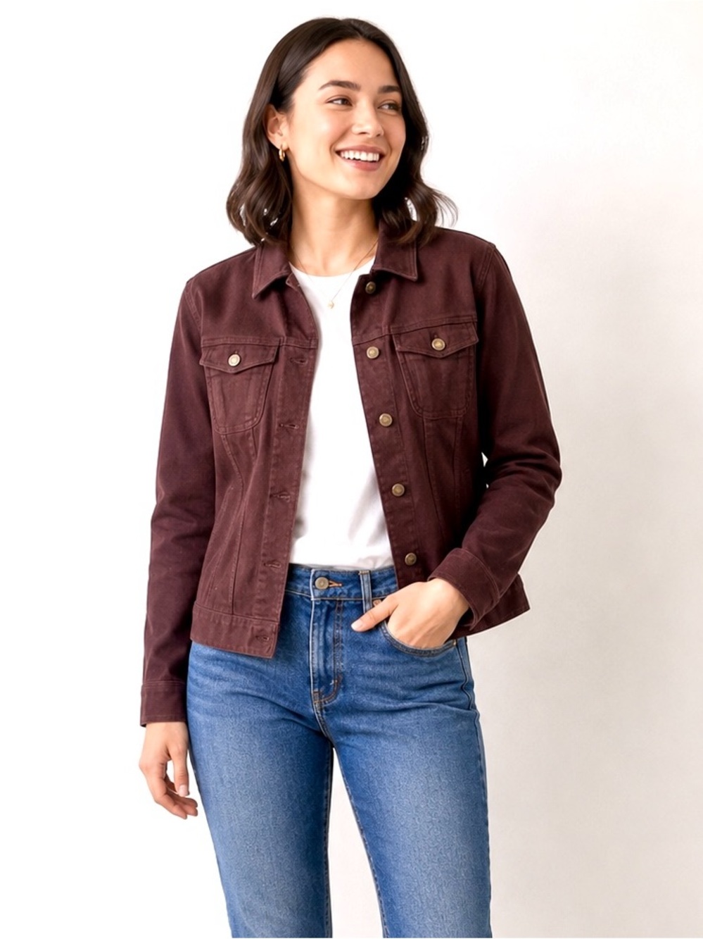 Jones New York Stretch button front jean jacket in brown